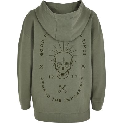 Boys khaki green skull print hoodie